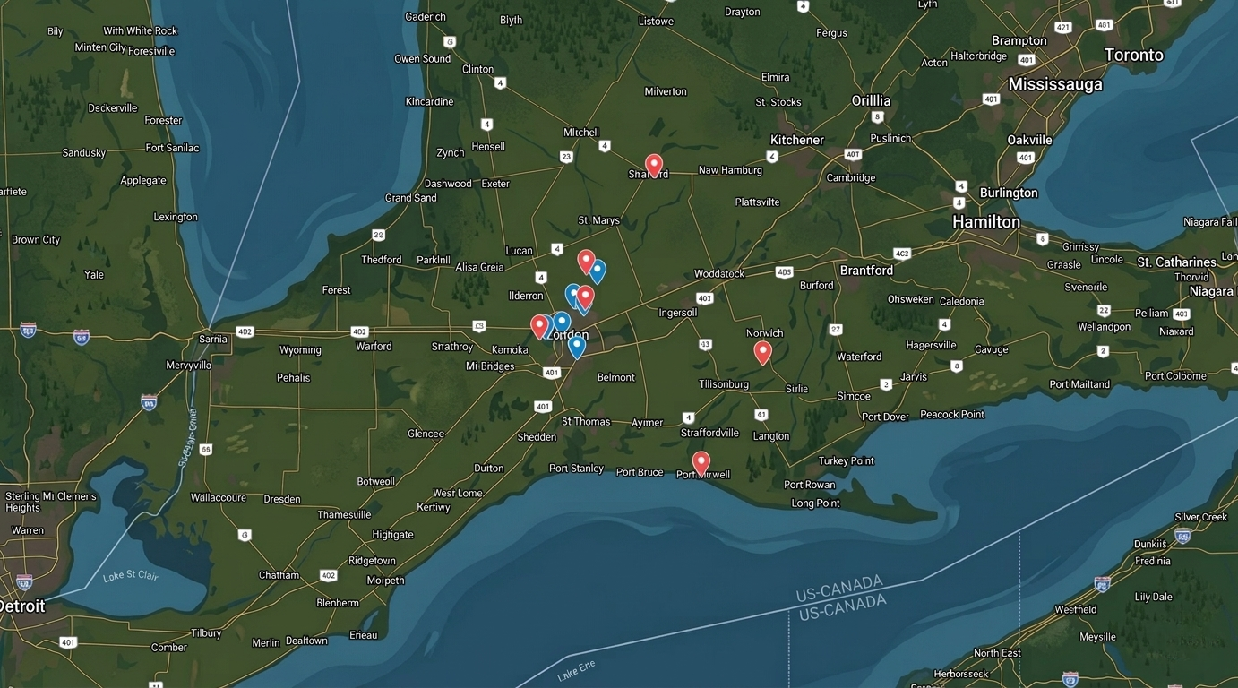 Map of Southwestern Ontario showing the locations of the six cold cases covered in The Trauma Monster